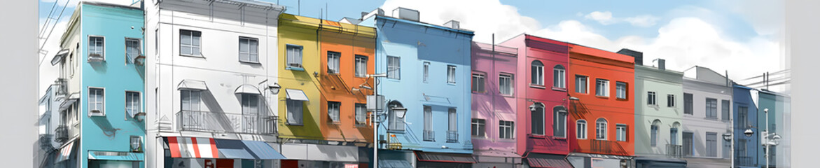 Fototapeta na wymiar 白い背景に彩り豊かな建物が並ぶ No.016 | Colorful Buildings on a White Background Generative AI