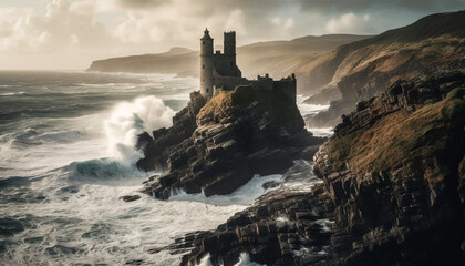 Sunset over famous cliff, waves breaking below generated by AI