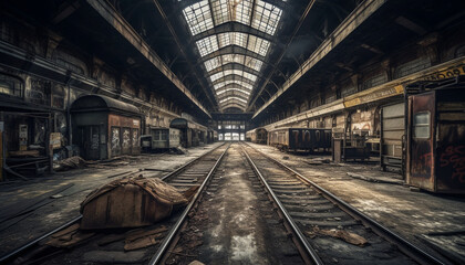 Fototapeta na wymiar Vanishing point of old, spooky abandoned factory generated by AI
