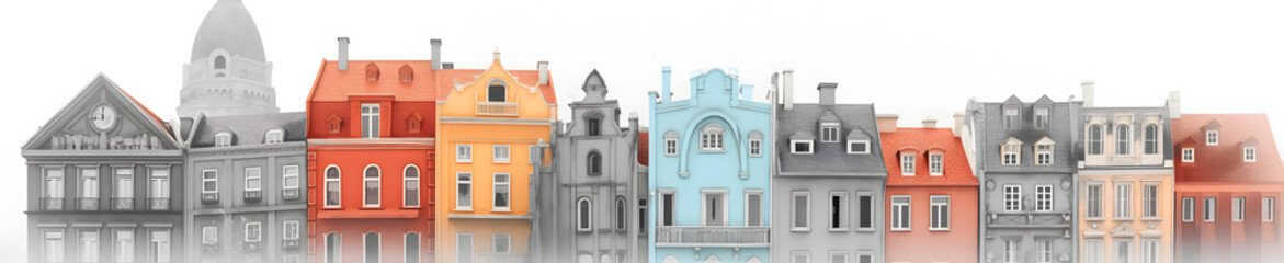 白い背景に彩り豊かな建物が並ぶ No.015 | Colorful Buildings on a White Background Generative AI