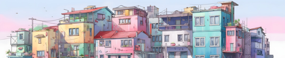 Fototapeta na wymiar 白い背景に彩り豊かな建物が並ぶ No.010 | Colorful Buildings on a White Background Generative AI
