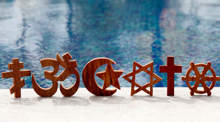 Religious symbols of Catholicism, Islam, Judaism, Orthodoxy, Protestant, Buddhism and Hinduism, interreligious, interfaith dialogue and spirituality concept, Vietnam