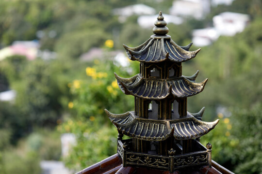 Phat Quang Buddhist temple, detail of a traditional Buddhist temple roof, Chau Doc, Vietnam