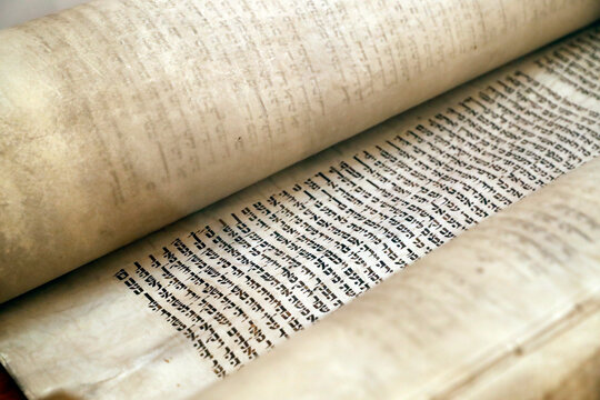 Close-up detail of traditional old Torah scroll book, Jewish Museum of Florida, Miami Beach, Florida, United States of America