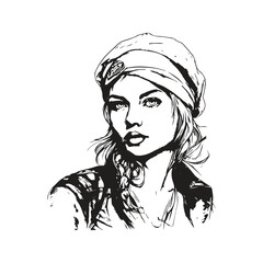portrait young rebel girl, vintage logo line art concept black and white color, hand drawn illustration