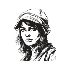 portrait young rebel girl, vintage logo line art concept black and white color, hand drawn illustration