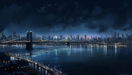Fototapeta premium Bright city lights illuminate futuristic suspension bridge generated by AI
