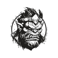 savage orc brute warrior, vintage logo line art concept black and white color, hand drawn illustration