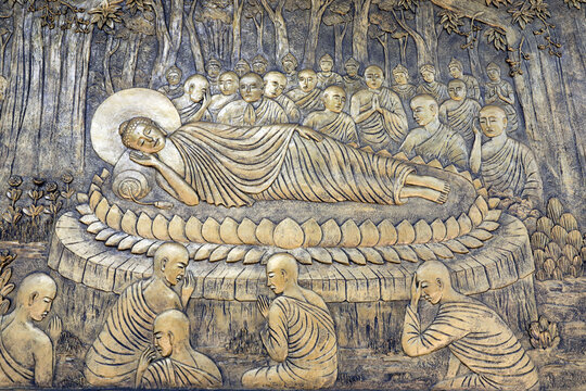 Tinh Xa Ngoc Chau pagoda, Life of Buddha, Siddhartha Gautama, Reclining Buddha, passing into Parinirvana after 45 years of teaching the Dharma, Chau Doc, Vietnam