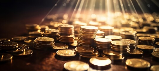 Fototapeta na wymiar Gold coins currency money. Finance treasure wealth concept. Shiny light background. Generative AI technology. 