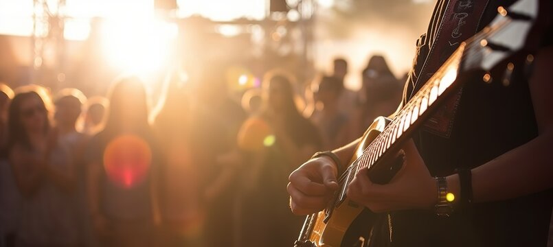 Guitar Player On Concert Crowd People Silhouettes Background. Generative AI Technology.	