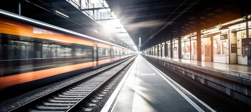 Modern train station with motion blur effect background. Generative AI technology.