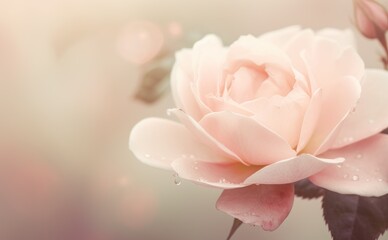 Pink rose with water droplets on a bokeh background. AI Generated.