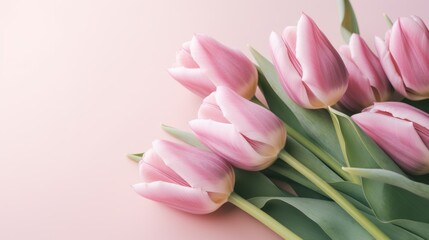 Obraz premium Cascading pink tulips on a light pink background with copy space. AI Generated.