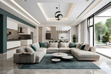 An inviting living room with a minimalist and elegant design. The room features an open kitchen concept, with kitchen cabinets in a light green shade.