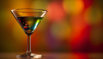 Crystal martini glass holds elegant gin cocktail with olive drop generated by AI