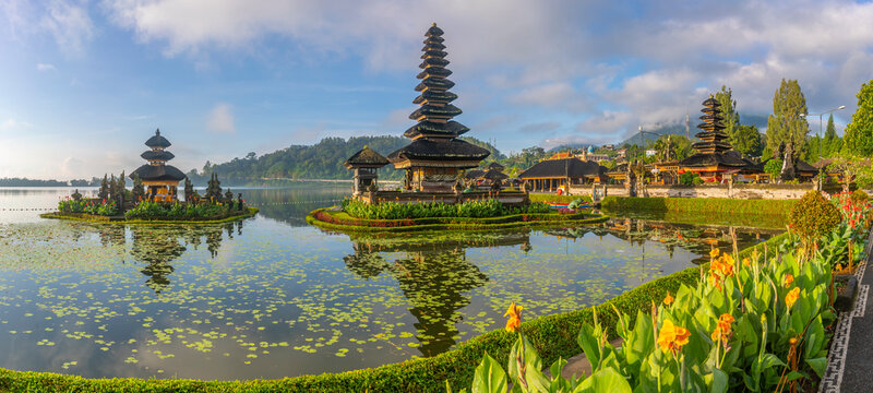 View of Ulun Danu Beratan temple on Lake Bratan after sunrise, Bali