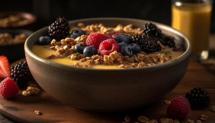 A rustic bowl of organic granola, yogurt, and berry fruit generated by AI