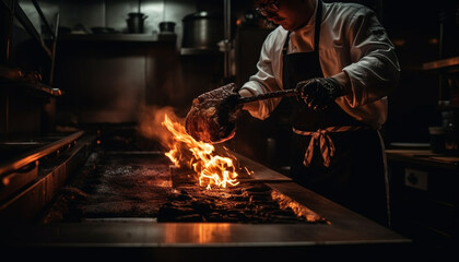 One skilled man prepares a glowing, grilled meal indoors generated by AI