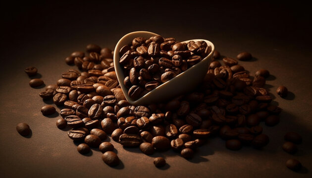 Aroma of fresh coffee beans fills the dark backdrop space generated by AI