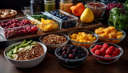 A colorful berry salad with yogurt and granola on top generated by AI