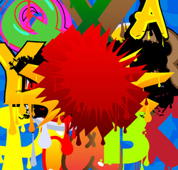 Red Speech Bubble Graffiti with colorful Background. Urban painting style backdrop. Abstract discussion symbol in modern dirty street art decoration.