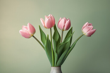 Pink Tulips Are On A Pink Background, In The Style Of Simpl