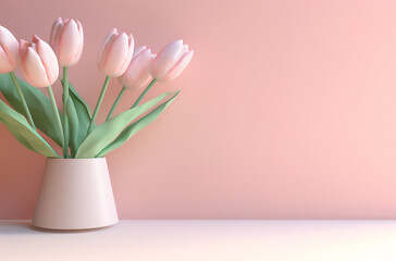 Tulips On Pink Background, In The Style Of Simple