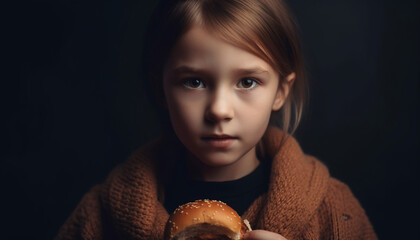 Naklejka premium Cute child smiling while eating unhealthy snack on black background generated by AI