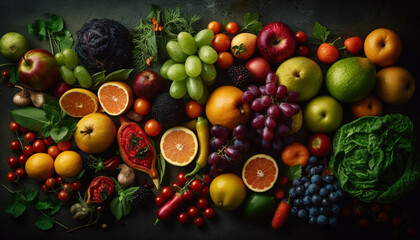 Fresh, organic fruits and vegetables in a colorful still life generated by AI