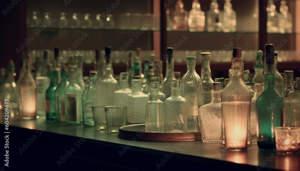 Poster scientist analyzing liquid in test tube collection on laboratory shelf generated by ai