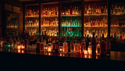 Fototapeta na wymiar A collection of whiskey bottles illuminated on a bar counter generated by AI