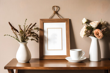 Empty wooden picture frame on a wooden desk. Shaped white vases, dry flowers on table. Cup of coffee. Working space, home office. Art, poster display. Homey interior.