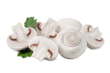 whole and half white button mushrooms isolated on white background.