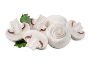 whole and half white button mushrooms isolated on white background.