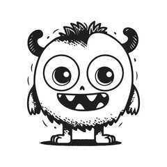 cute little cartoon monster, vintage logo line art concept black and white color, hand drawn illustration