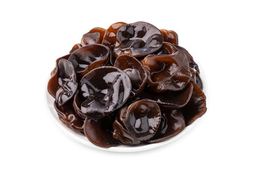 fresh black wood ear mushroom in a dish on white background.