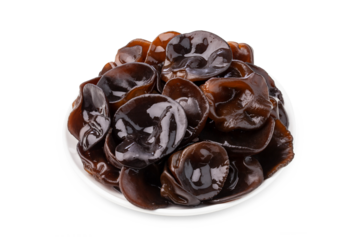 fresh black wood ear mushroom in a dish on white background.