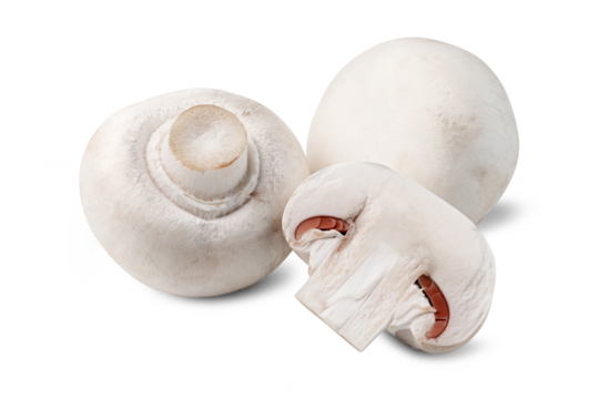 whole and half white button mushrooms isolated on white background.