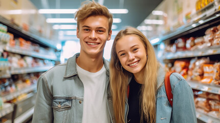 shopping, young adults or teenagers, couple, man and woman boy and girl in a supermarket shopping for groceriesshopping, young adults or teenagers. Generative AI