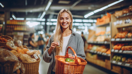 Obraz premium young adult woman shopping for groceries in supermarket, shopping in local supermarket, indoor, fun and joy, being satisfied. Generative AI