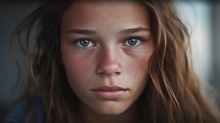 Naklejka premium young adult or teenage girl, woman, face expression of sadness and depression, problems and worries, fictitious reason. Generative AI
