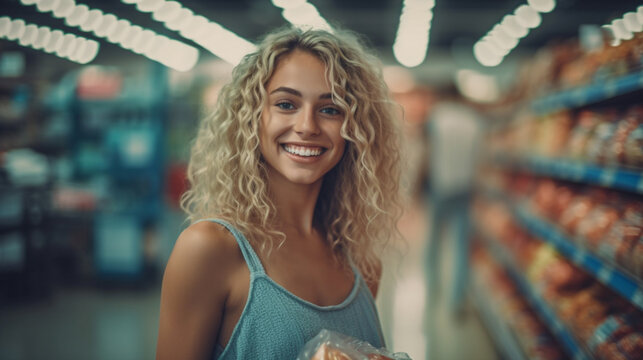 young adult woman shopping for groceries in supermarket, shopping in local supermarket, indoor, fun and joy, being satisfied. Generative AI