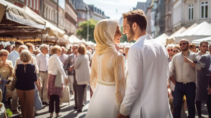 Fototapeta premium young adult couple on travel, vacation, city, city trip, excursion together, elegant luxurious, afternoon sunshine, fictional place. Generative AI