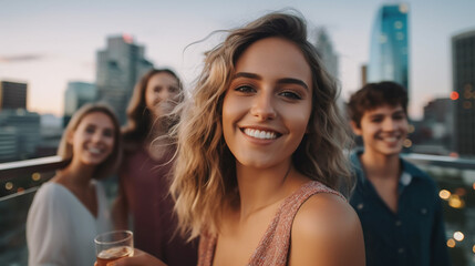 in a big city on a roof or viewpoint, viewing platform, young adult woman in summer dress with friends outside, glass of champagne, skyscrapers. Generative AI