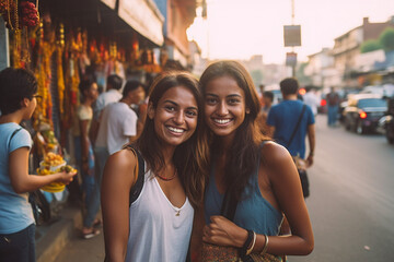 Fototapeta premium young adult women girls in tourist side street or locals strolling downtown, happy smiling and having fun, two female friends. Generative AI