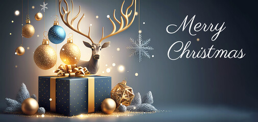 Merry Christmas. Gift and deer. Banner. Lettering Merry Christmas. Generative AI