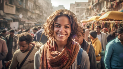 Fototapeta premium young adult woman, local side street, fictional location. Generative AI