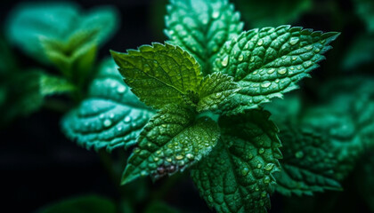 Fresh spearmint leaf with dew drop, a symbol of new life generated by AI