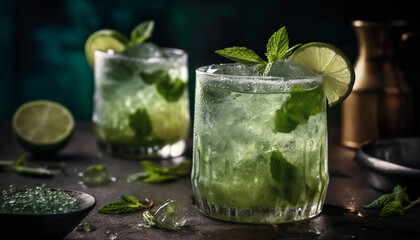 Fototapeta premium A rustic table with a spearmint mojito and lemon slice generated by AI
